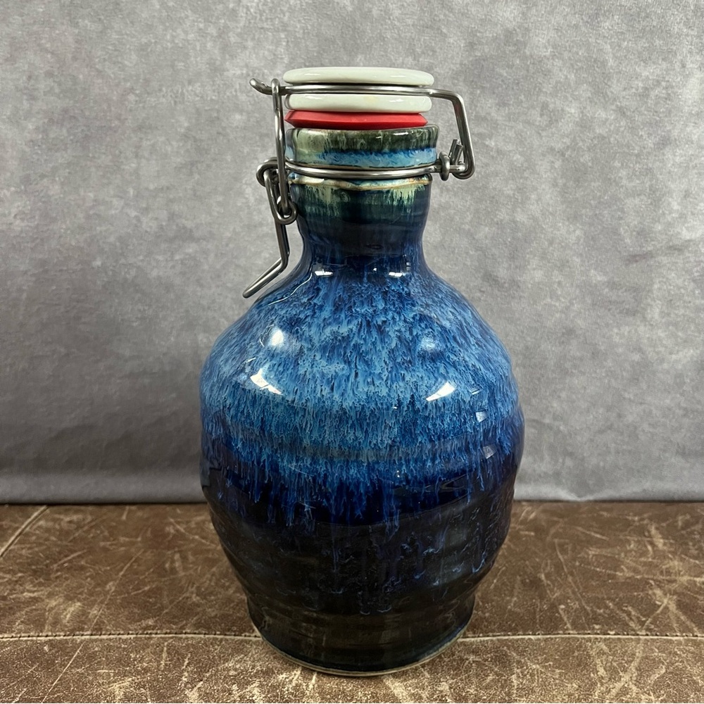 Blue Water Pottery Growler 54 oz Blue Jug White Top Handmade Signed Jeremy Noet